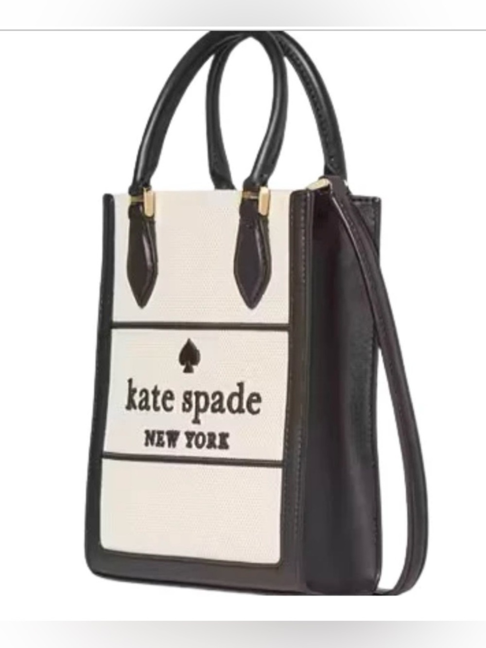 NWT Kate Spade Mini Ellie Tote Black Leather with Tan Straw Canvas - Picture 10 of 11